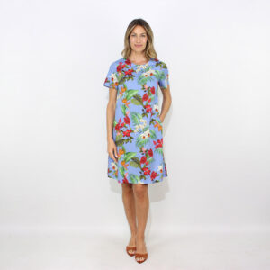 Abito midi in popeline stretch fantasia floreale azzurro intenso