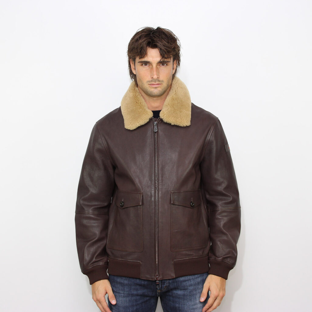 Bomber Murdo in pelle e jersey di lana chicory coffee