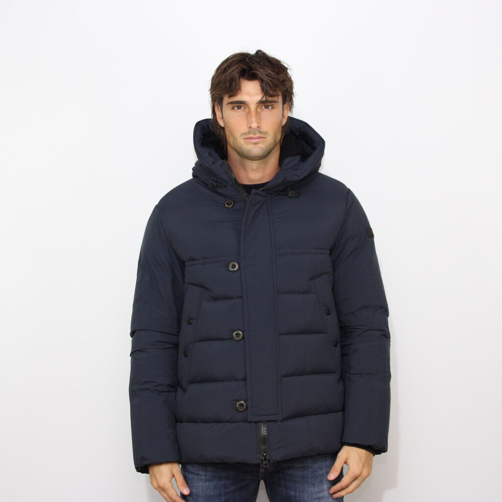 Piumino Eddie con trapunta irregolare e cappuccio con ecofur blu grafite