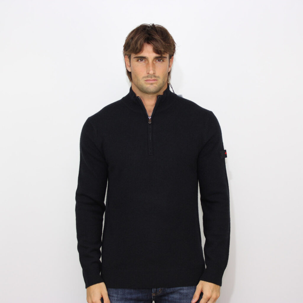 Maglia mezza zip lana e yak blu grafite