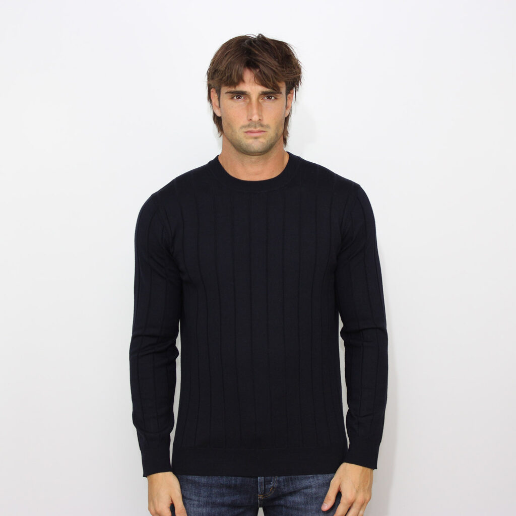 Maglia girocollo a coste piatte in merino extrafine blu navy