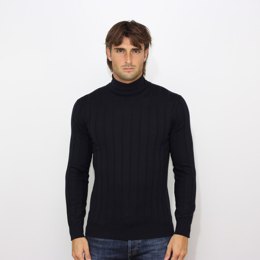 Dolcevita a coste piatte in merino extrafine blu navy