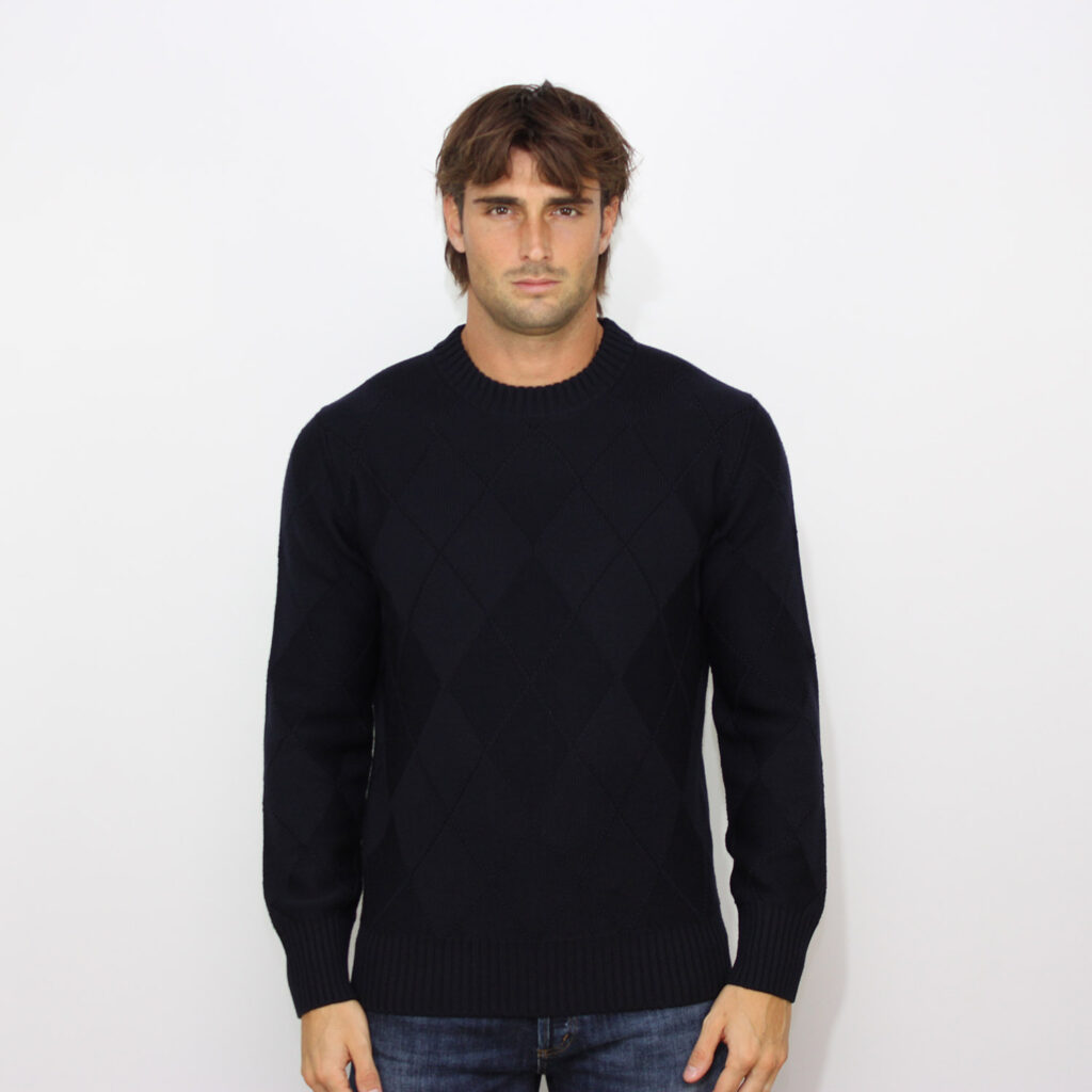 Maglia girocollo con rombi in merino estrafine blu navy