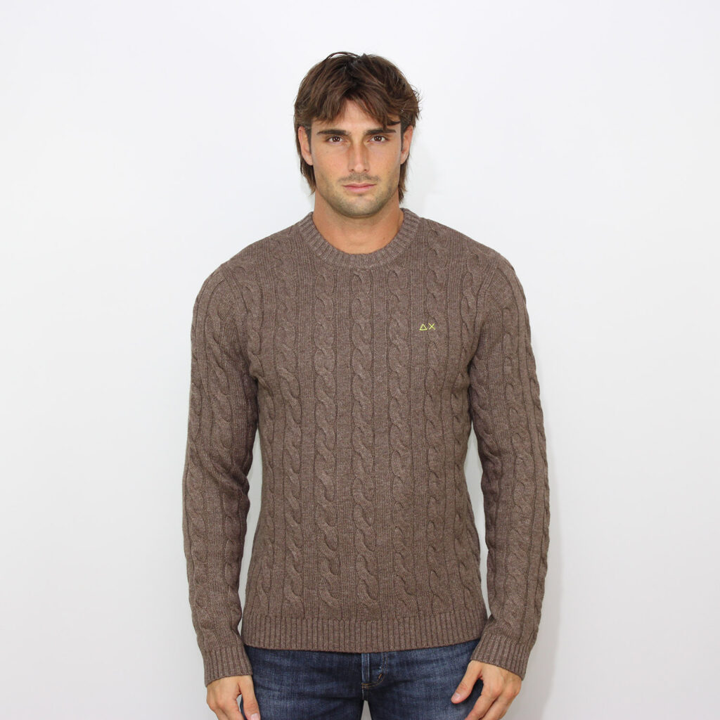 Maglia girocollo in misto lana e cashmere a trecce tortora