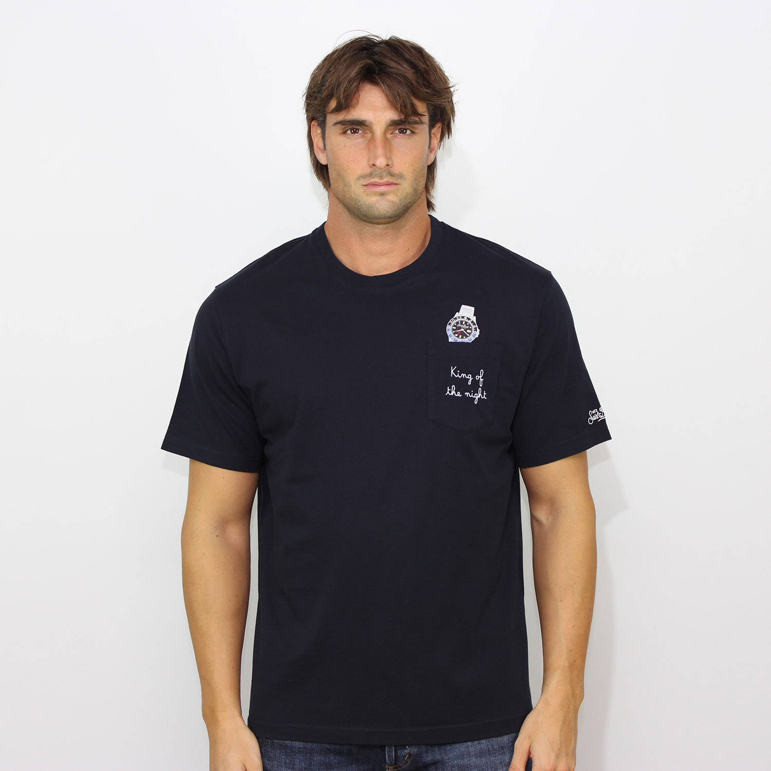 T-shirt con taschino stampa e ricamo king of the night blu