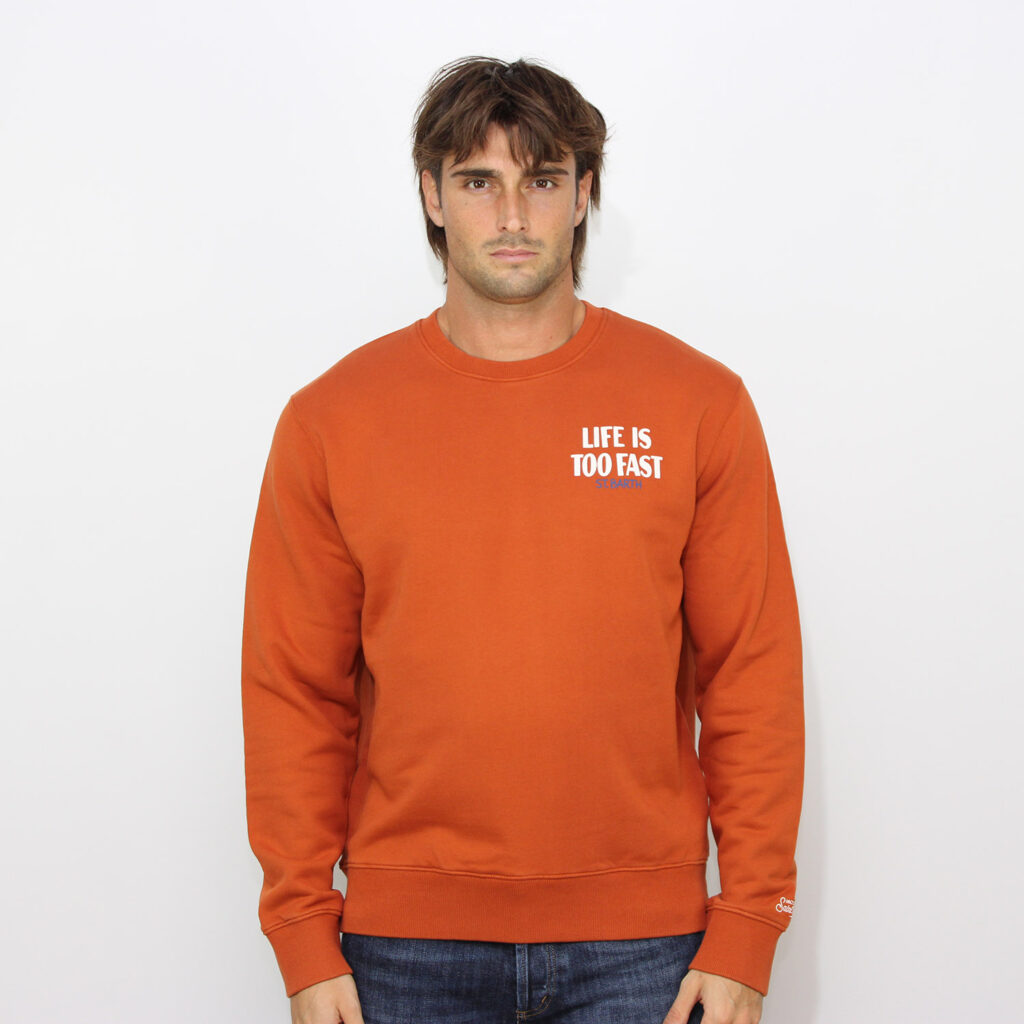 Felpa girocollo stampa Life is too fast arancio