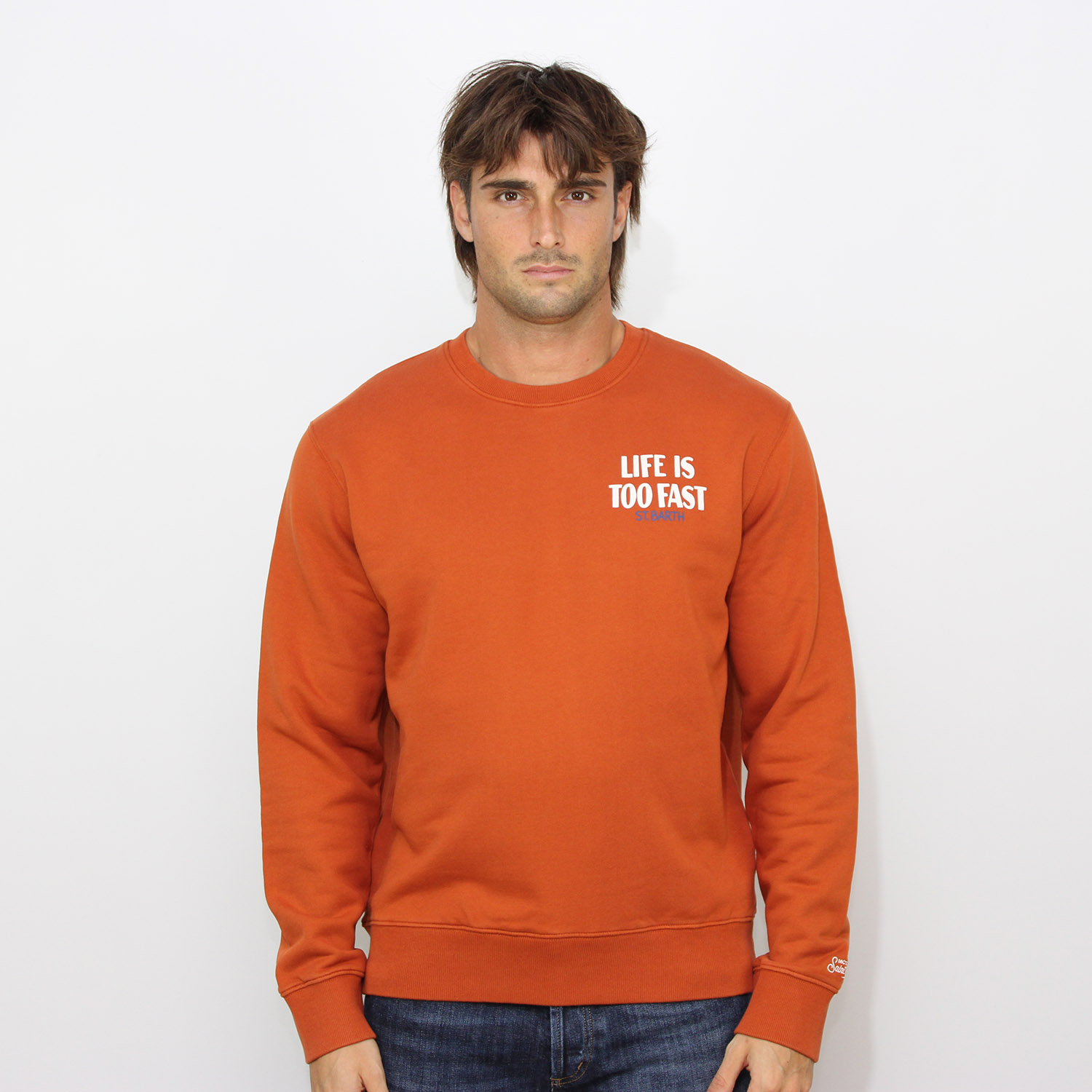 Felpa girocollo stampa Life is too fast arancio
