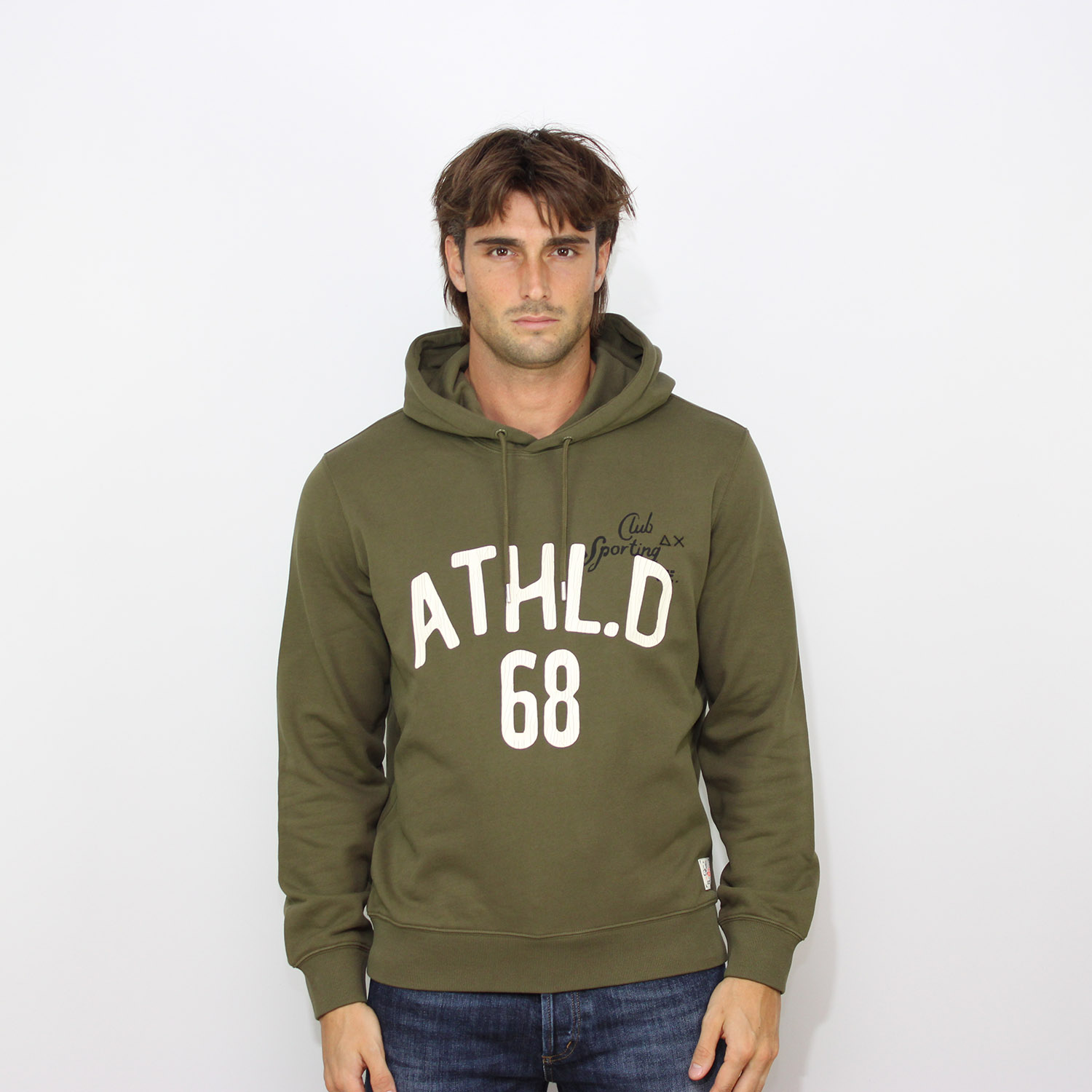Felpa stampata con cappuccio verde militare
