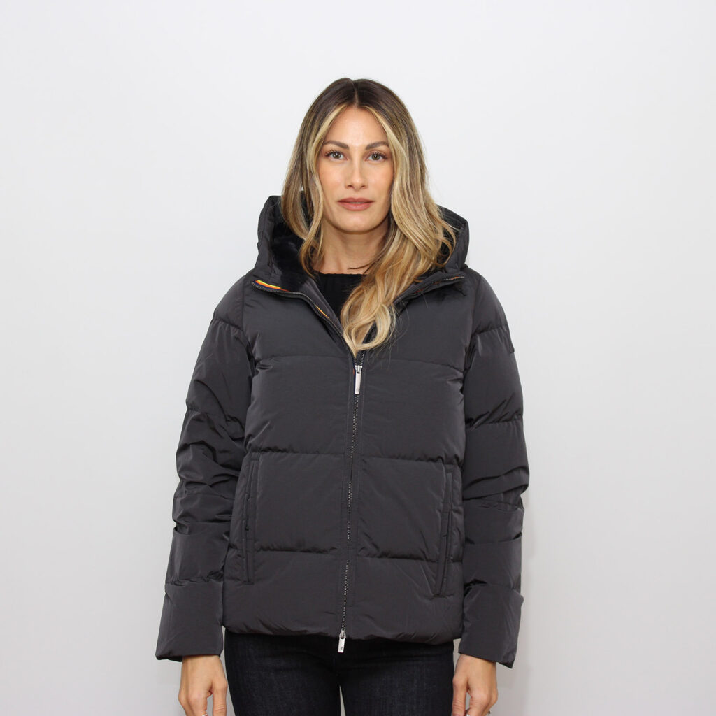 Piumino Donna shiny nylon fur black greyish