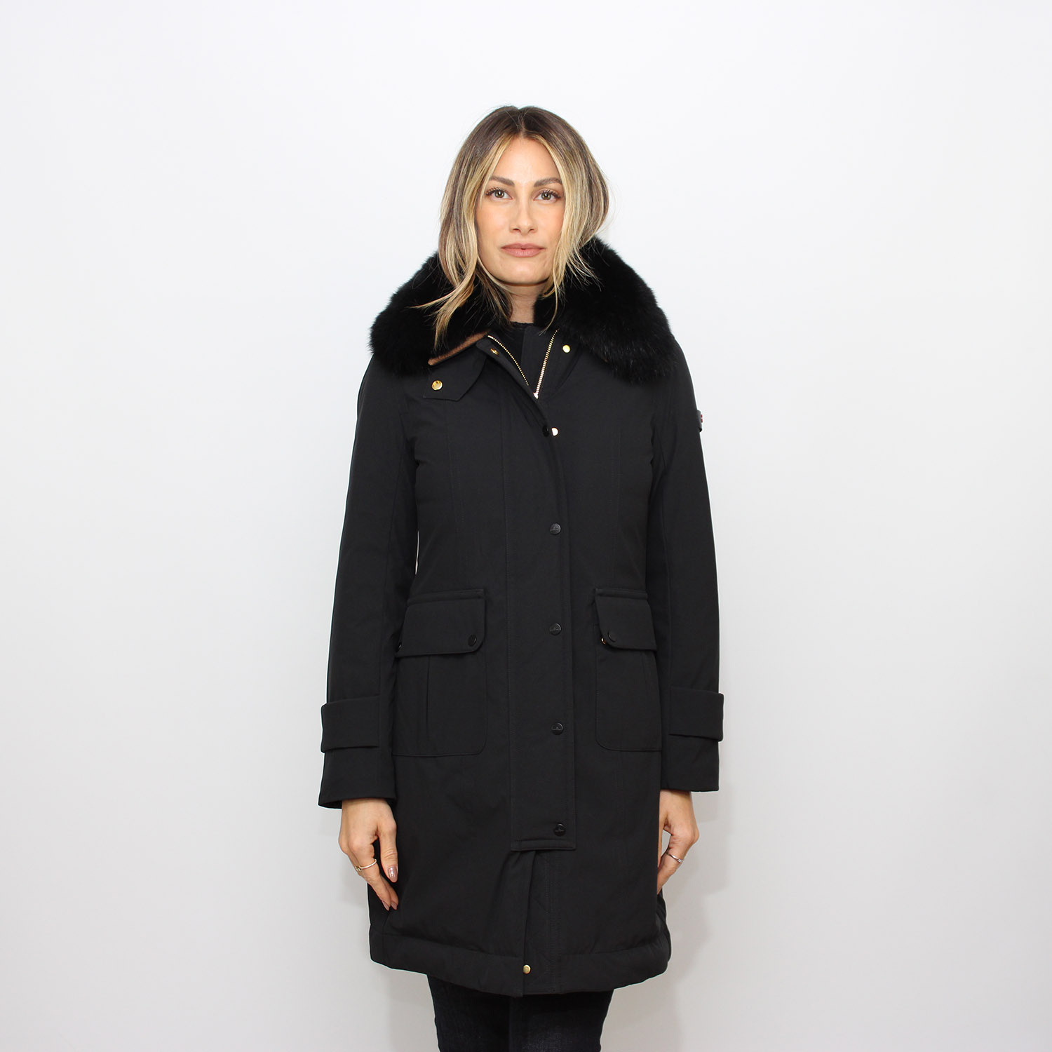 Cappotto in piuma Rakid con pelliccia di volpe nero