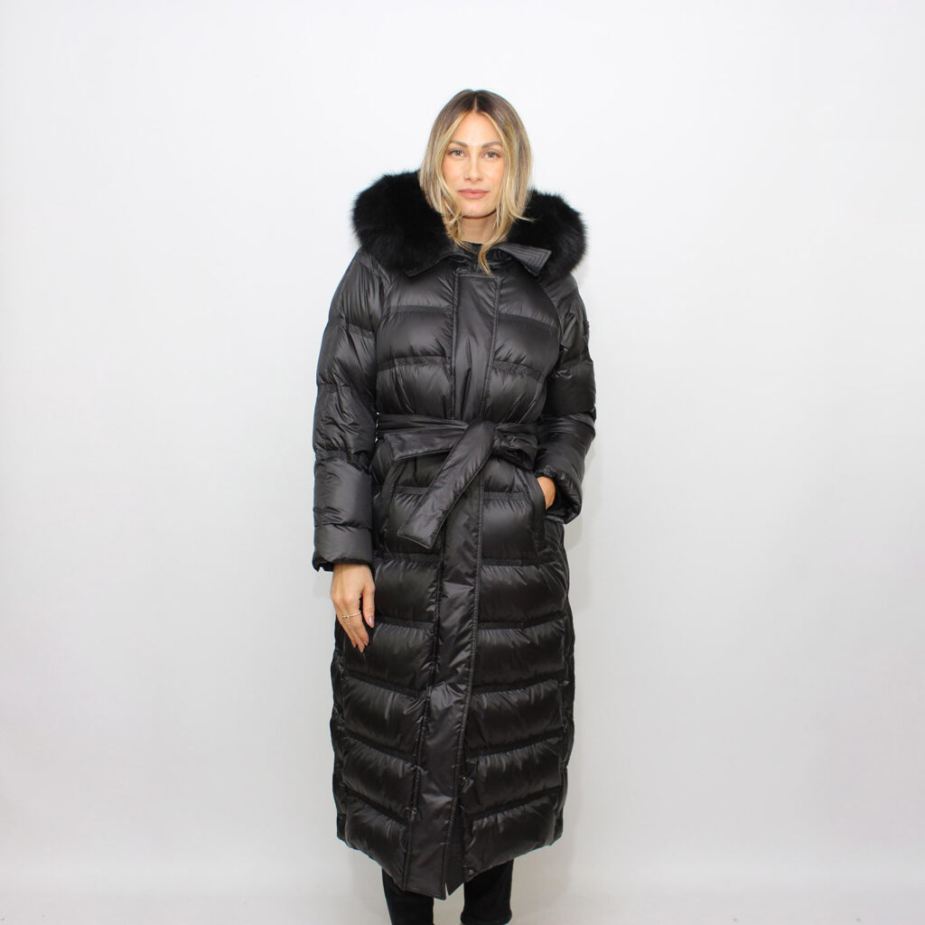 Piumino Takan long in nylon superlight con bordo pelliccia nero