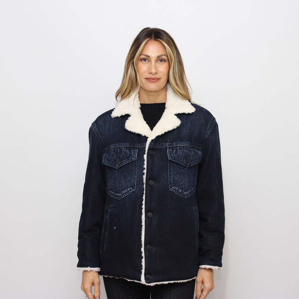 Giubbino over in denim fisso cotone e lyocell lavaggio scuro pulito