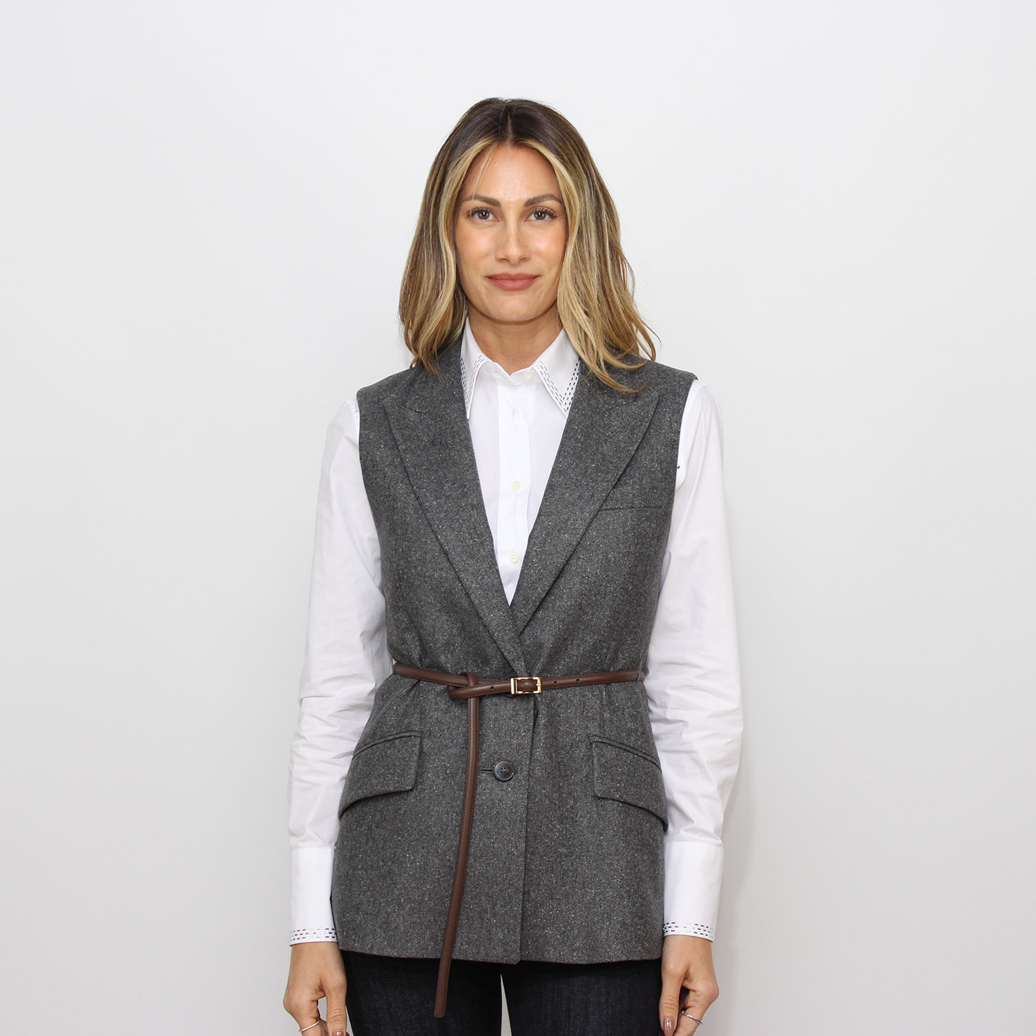 Giacca smanicata Adorni in lana e seta grigio tweed