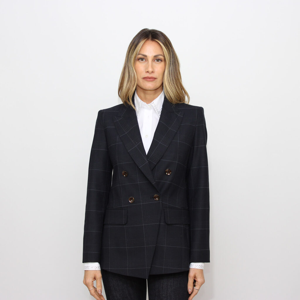 Blazer doppiopetto Efedra in misto lana stretch navy check