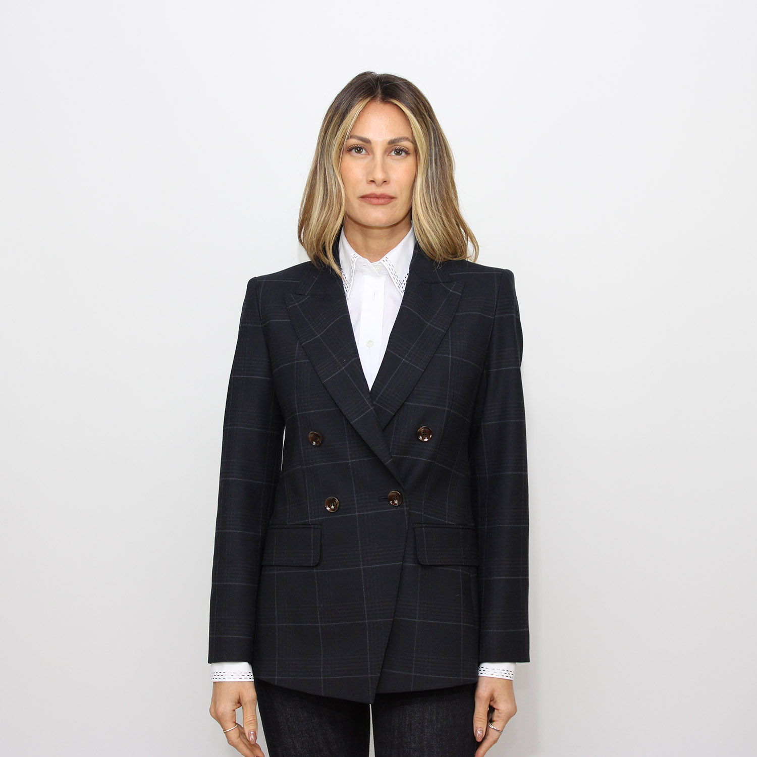 Blazer doppiopetto Efedra in misto lana stretch navy check