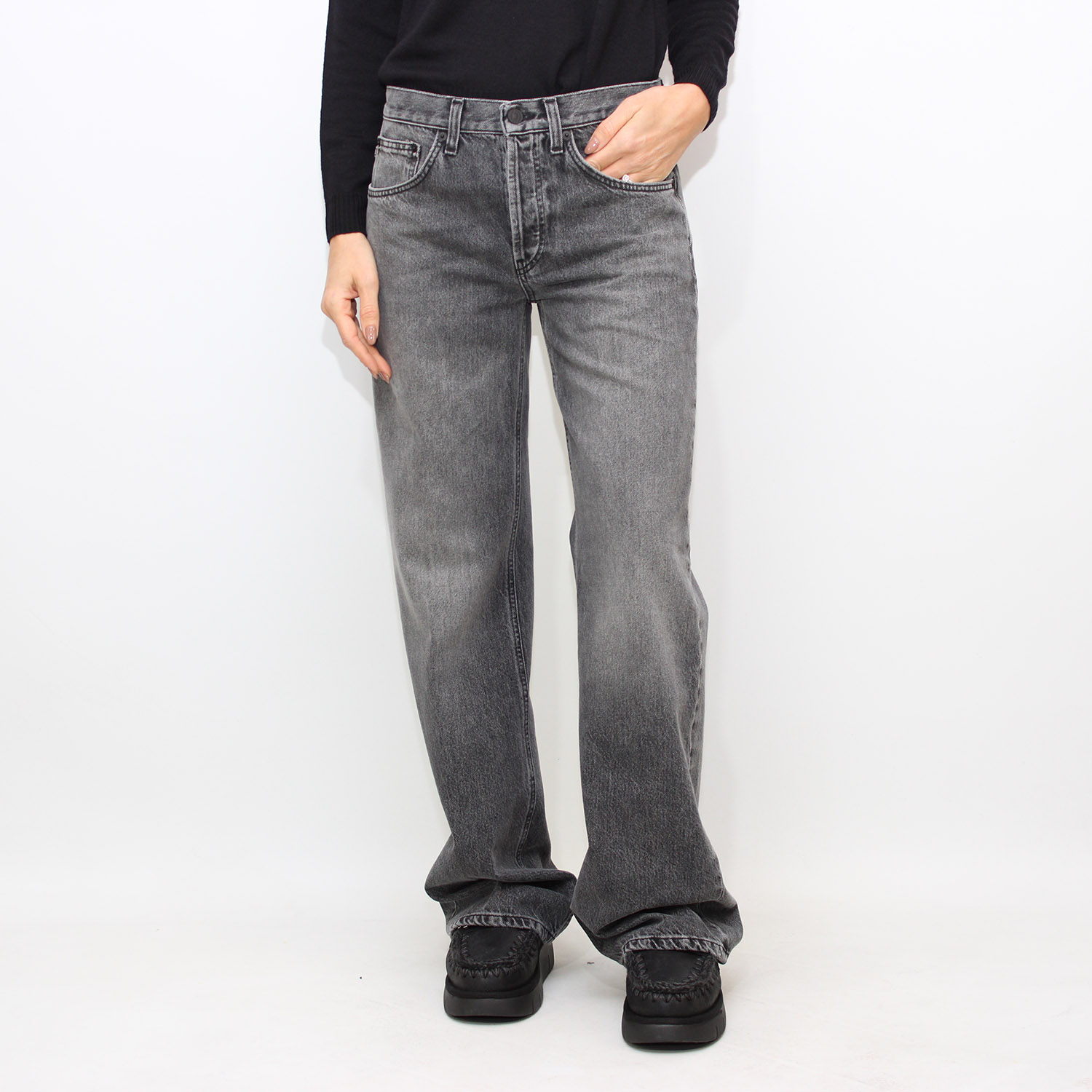 Jeans wide leg Jacklin in denim fisso responsabile lavaggio nero scaricato pulito vintage