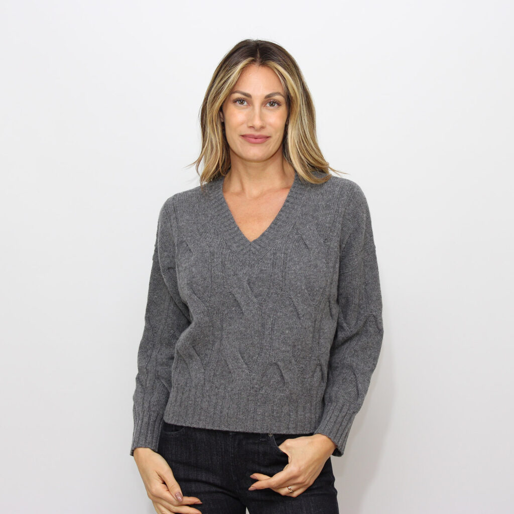 Maglia scollo V misto cashmere con motivo trecce grigio medio