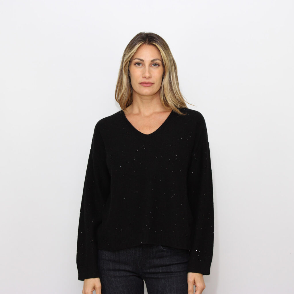 Maglia scollo V misto cashmere con filato sequins nero