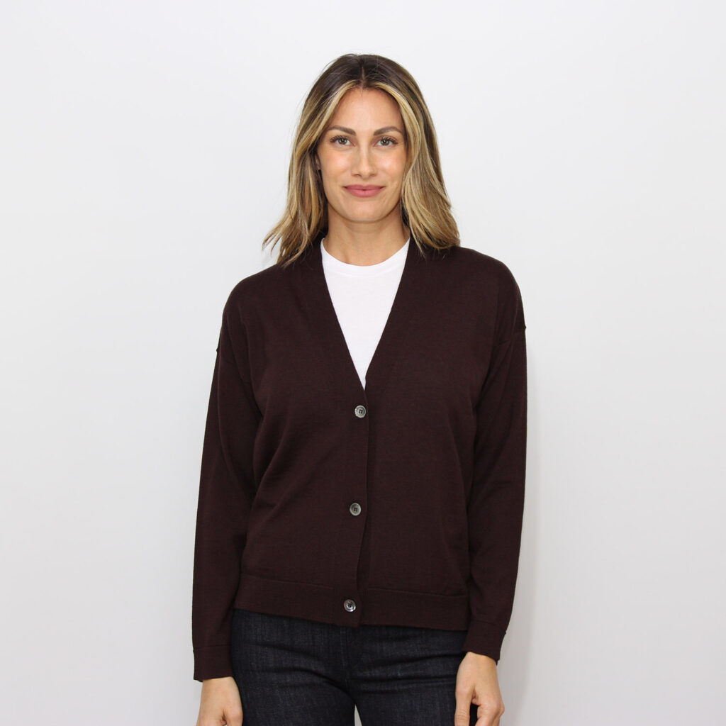 Cardigan scollo V in lana merinos marrone