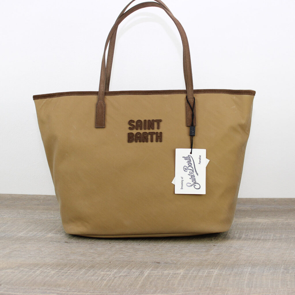 Borsa City Bag large in tessuto cerato con ricamo logo nocciola