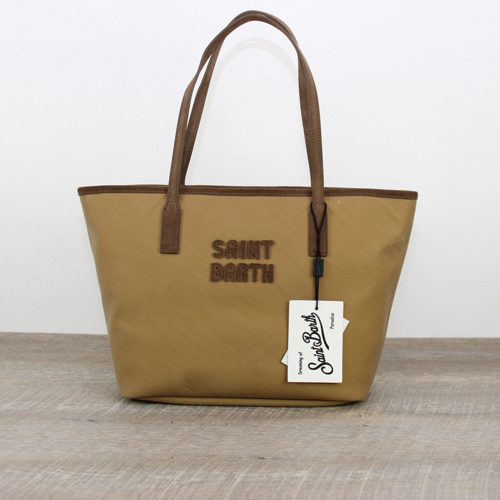 Borsa City Bag medium in tessuto cerato con ricamo logo nocciola