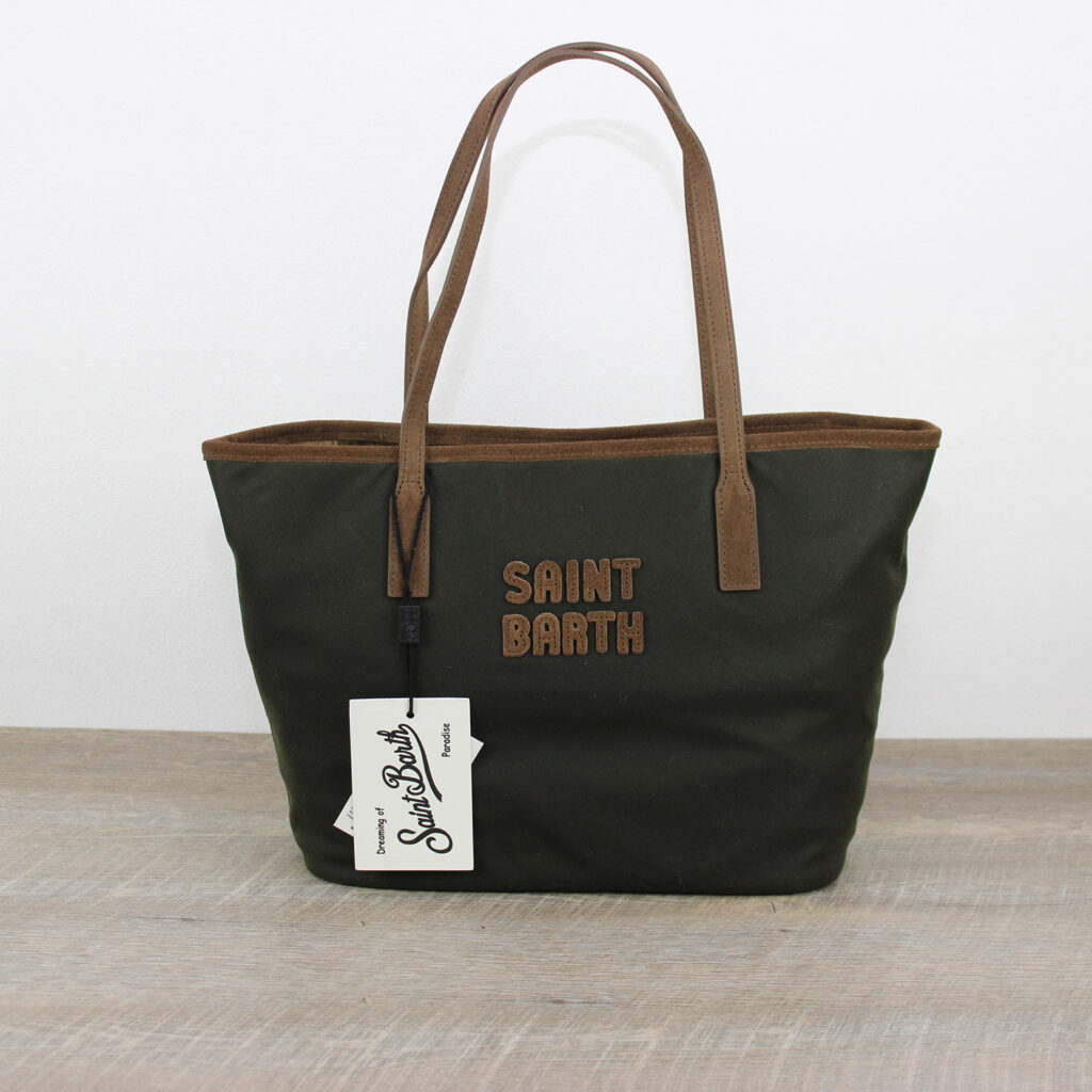 Borsa City Bag medium in tessuto cerato con ricamo logo verde militare