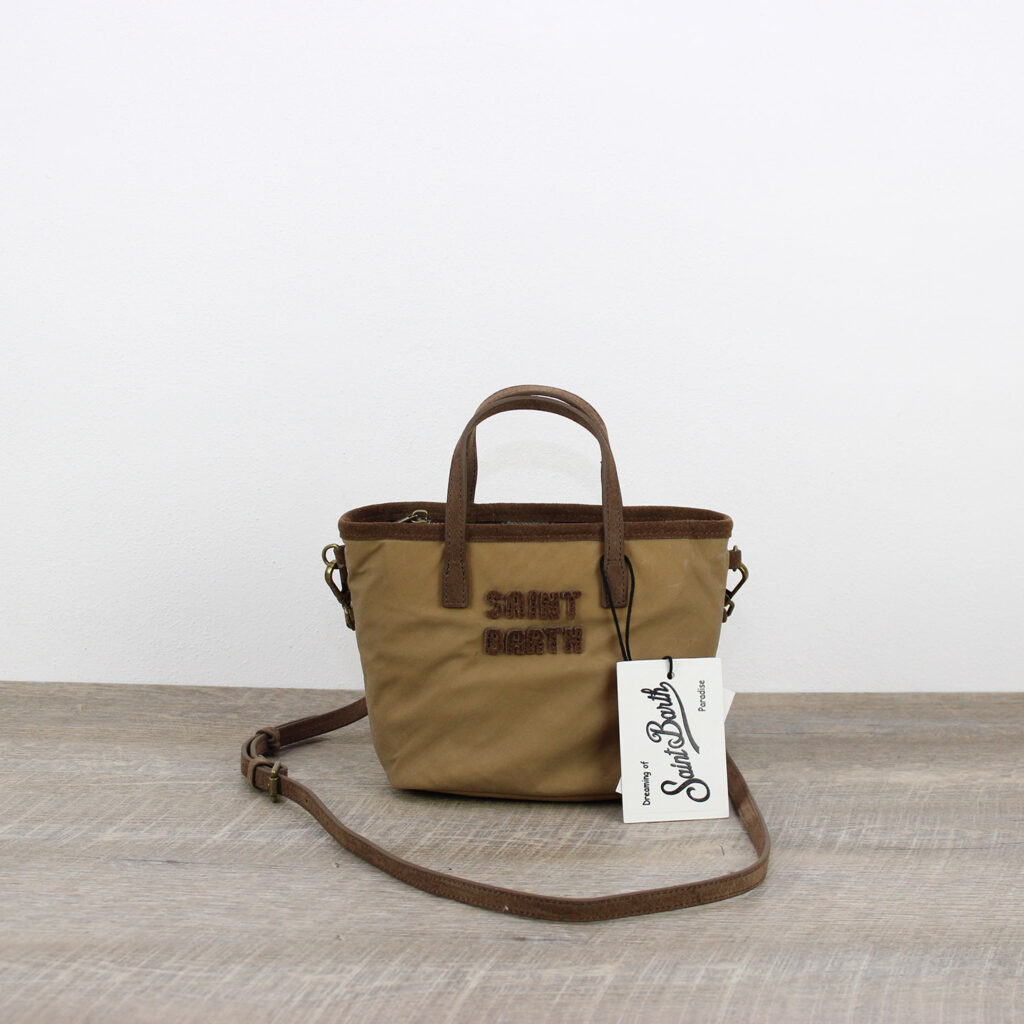 Borsa City Bag mini in tessuto cerato con ricamo logo nocciola
