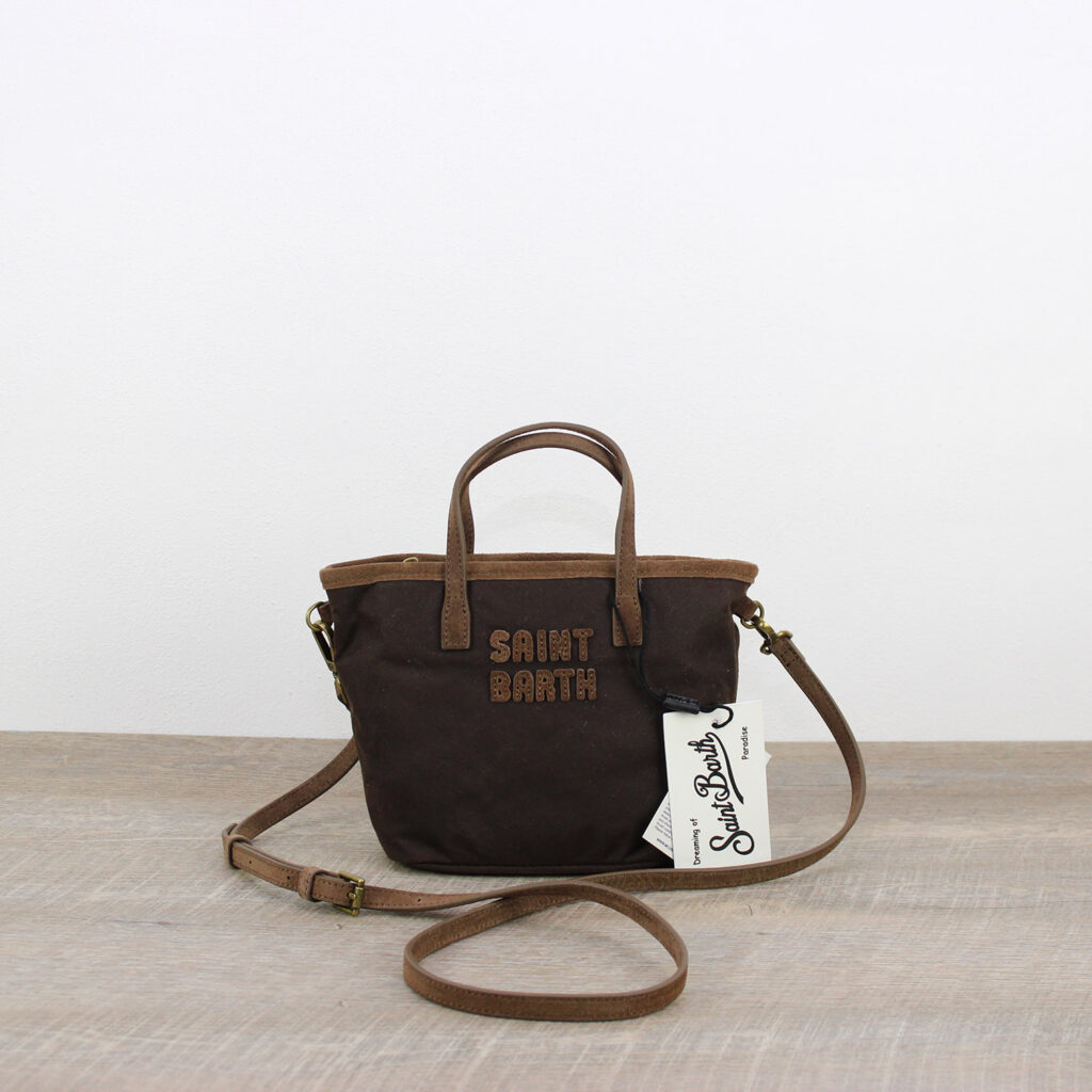 Borsa City Bag mini in tessuto cerato con ricamo logo marrone